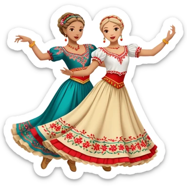 Cinematic Realistic scene of two dancers performing the Tarantella, dressed in vibrant, flowing traditional costumes with detailed embroidery and dynamic skirts, captured in festive motion with warm, lively lighting sticker