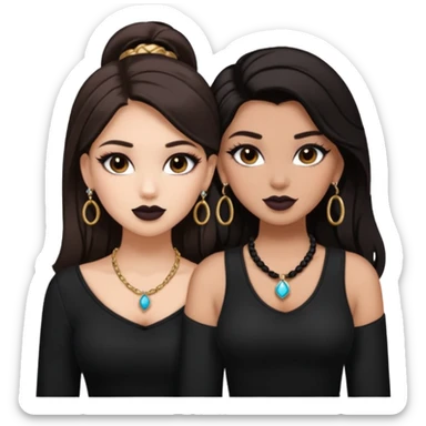 Boujy baddie best friends, trendy heavy makeup both dark hair one light skinned and one mocha brown pretty hair style both wearing black and earrings and necklace  sticker