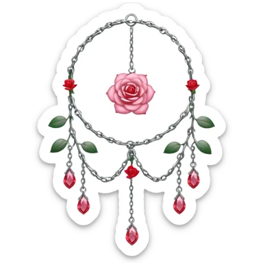 Rose-pink-metal-chained rose-quartz-crystallic romantic delicate fine pretty suncatcher  with tiny red roses, silvery vines, tiny quartz crystals sticker