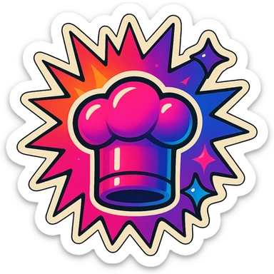 chef's hat, lot of colors explosions, playful and modern with gradient FF4D67, 9D34FF gradient, border black, vibrant, matching image reference  sticker