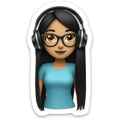 Fair skinned girl with long black hair and glasses with headphones on djing sticker