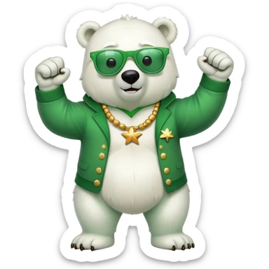full body friendly anthropomorphised polar bear wearing oversized colorful star glasses and festive St. Patrick's Day outfit doing a fist pump sticker