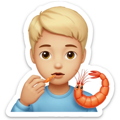 Emoji-style person tasting a weird-looking shrimp, curious expression, cute rounded face, soft shading sticker