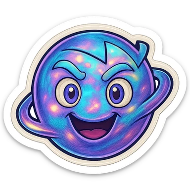 Refine this emoji to clearly look like a planet: keep the opal-like iridescent texture, wild electric energy, and playful, eccentric face, but emphasize a round planetary shape with visible rings and planetary features. Keep the background transparent. sticker