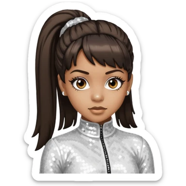 Left Eye from TLC with dark brown ponytail hair, white sequin outfit sticker