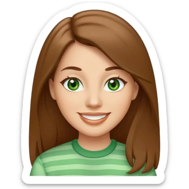 Adult woman avatar, light skin tone, oval face, straight long brown hair, green eyes, neutral mouth, seersucker sticker