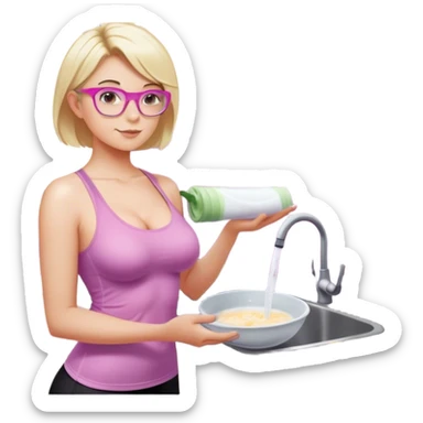 Thick fair skinned woman, short blond hair, small light purple reading glasses, washing dishes, sheer pink tank top, showing natural breast shape SFW, black yoga pants, thick booty sticker