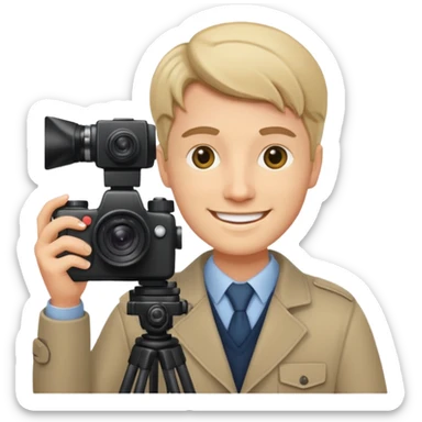 a white journalist with a camera sticker
