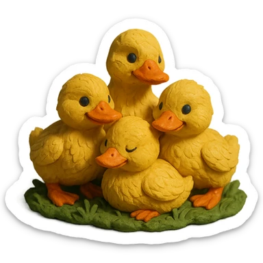 ducklings huddled together on grass, cozy and cheerful, detailed feathers, claymation style sticker