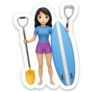 Surfer(woman) black hair holding her cell phone and long garden shovel with another hand. Under her feet, there is one blue surfing board. sticker