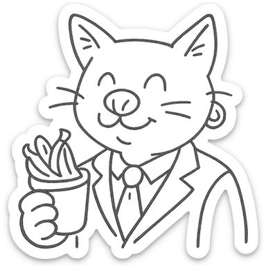 cat with a dog nose, wearing a suit, earring, holding a cup of bananas, playful expression sticker