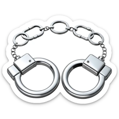 A pair of elegant handcuffs emoji made of silver chrome, smooth rounded design, glossy metallic reflections, luxury fetish aesthetic, minimal iOS emoji style, centered, clean white background sticker