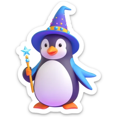 3D emoji-style penguin wizard with a shiny hat and magical sparkles sticker