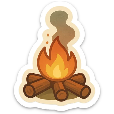 animated campfire crackling softly with rising smoke, retro vintage style, cozy acoustic aesthetic, warm muted colors, subtle grain, soft lines, 112x112px, smooth loop, nostalgic analog mood sticker