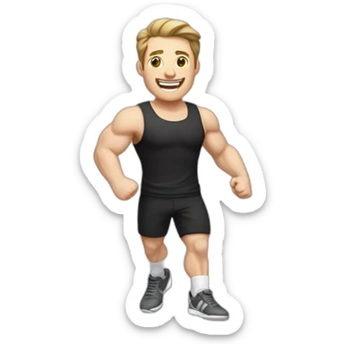 Joyful Celebrating victory Pale skinned Fit Man With the biceps and dark brown hair in black shirt, gray sports shorts and white Sneakers sticker