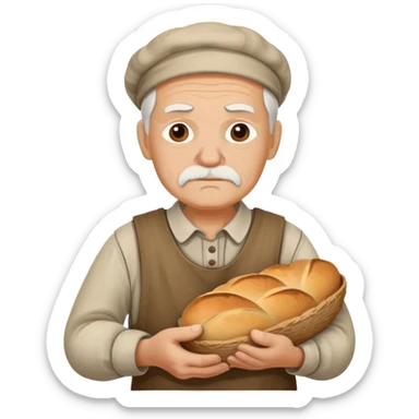 peasant in an old shirt photorealistic serious old face with bread in old hands sticker