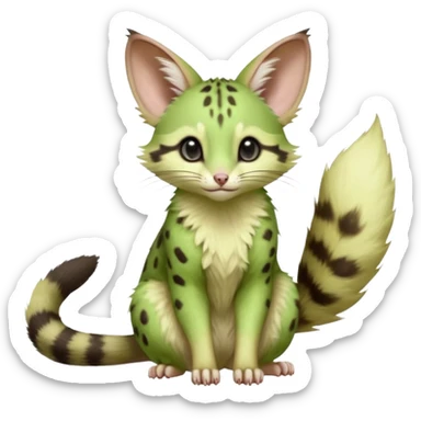 Light-neon-green, soft realistic romantic vintage antique divine beautiful elegant pretty precious cute young youthful  Fakémon-Pokémon-opossum-feline-mouse-serval-caracal-chinchilla-Minccino-Cinccino-Meowstic-rodent-hybrid-creature with a big fluffy bushy tail (full body) sticker