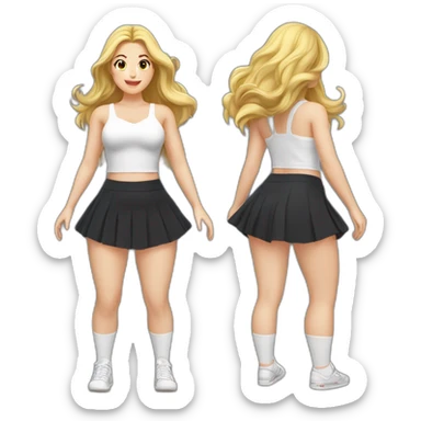 full-body-caucasian-curvy-beauty-jumping-short-black-skirt-back-and-front-views-strong-wind-white-knickers-long-white-socks sticker