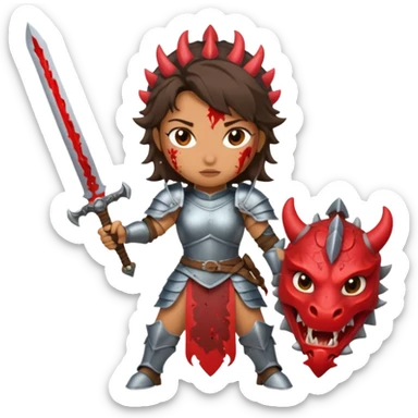 Fierce Latina in armor with a sword after a battle cutting off the head of a dragon sticker