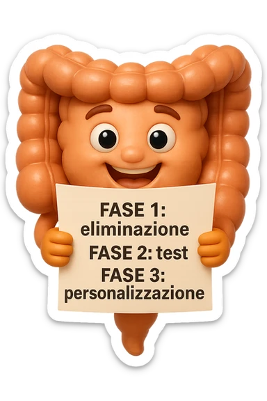 emoji stile iphone 3d di un intestino che tiene in mano un foglio con la scritta "FASE 1: eliminazione, FASE 2: test, FASE 3: personalizzazione, IPERREALISTICO 4K sticker