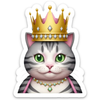 Gatito gris oscura con rayas negras ojos verdes vestida de reina con coronas y diamantes, más peluda y gordita  sticker