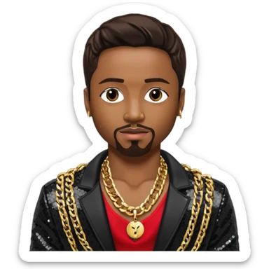 Teddy Riley with dark brown hair, black sequin jacket, shirtless with necklace  sticker
