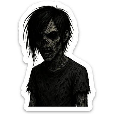 boy zombie with black hair, emo style, creepy, long hair, scary, black eyes, black skin, more intense expression sticker