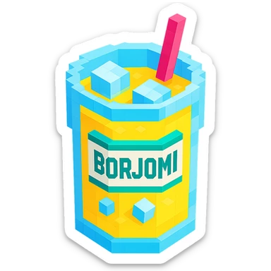 Borjomi lemonade glass with ice cubes and a straw sticker