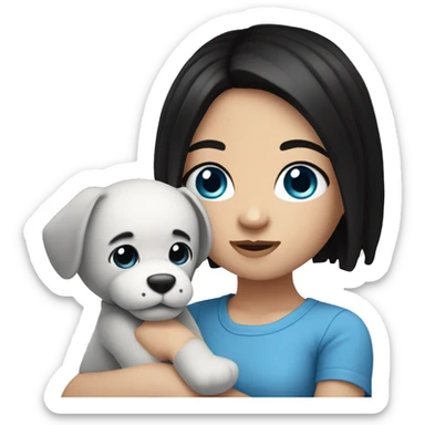 white Girl with black hair and blue eyes playing with plushy sticker