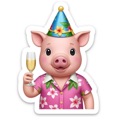 Pig with aloha shirt, birthday hat, champagne glass sticker