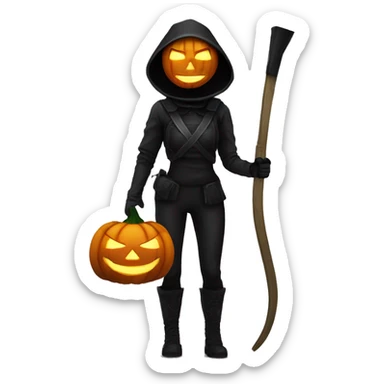Human female pumpkin hunter with a scythe, glowing pumpkin eyes inside a black helmet, Halloween theme, emoji" sticker
