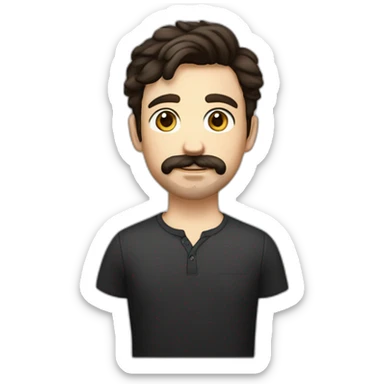 A young Caucasian man with dark brown, almond-shaped eyes, short dark brown hair, and a small dark brown beard with a more prominent mustache. sticker