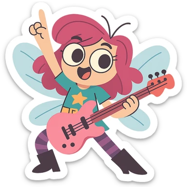 young female fly with magenta hair, big eyes, teal shirt with star, golden belt, black boots, purple-striped leggings, holding a pink guitar, rockstar pose, playful and energetic sticker