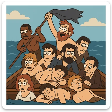 flat toon style version of Le radeau de la Méduse, simplified raft and people, bold colors sticker