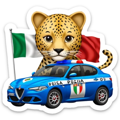 crea auto di servzio alfa romeo giulia colore nero con la scritta sul lato polizia penitenziaria e la un leopardo e la bandiera italiana sticker