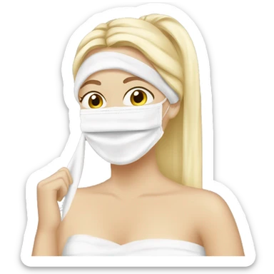 blonde girl applying white sheet face mask with a towel in her hair sticker