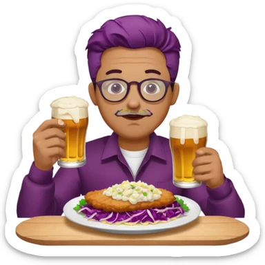 Man with wire framed glasses german eating schnitzel, red cabbage, sauerkraut, potato salad, and beer sticker
