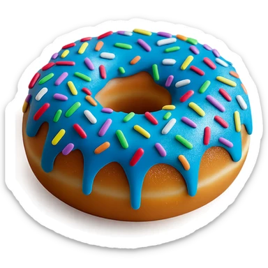 Add colorful rainbow sprinkles to the blue glazed donut, keep it realistic with soft lighting, transparent background. Maintain a photorealistic style with soft lighting and natural textures. sticker
