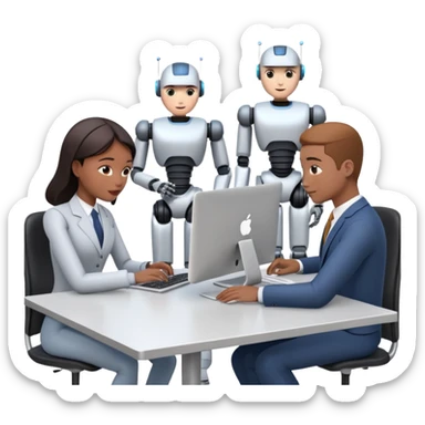 AI agents in the workplace, robots and humans collaborating at desks sticker