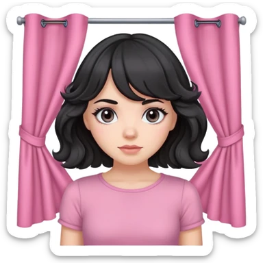 white girl with black wavy hair with curtain bangs, gray eyes, pink top sticker
