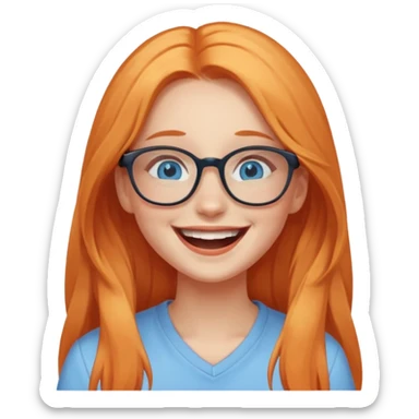 a girl with blue eyes, glasses and light orange long hair laughing sticker