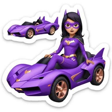 Hot full size real-appearance racing action BatGirl’s feminine midnight-purple tight outfit sixty’s tv show 2032 stealth retro cat burglar sporty petite off-road pursuit hovering black hover cruiser car rose gold accents (black hair,reclined and relaxed seating position and attitude) desert sticker