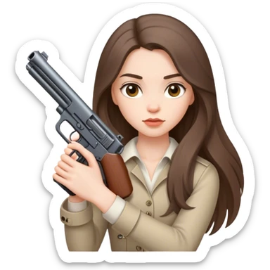 beautiful pale brunette girl with long hair with a short gun sticker