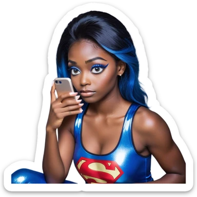 Disapponted-big tears-head back texting on phone-very very large upper body-sexy face-bending forward at waist-very long very straight dark blue to light blue ombre hair-and-blue eyes-thick black eyeliner-long eyelashes-iridescent blue lowcut tanktop with black leggings with glitter superman logo sticker