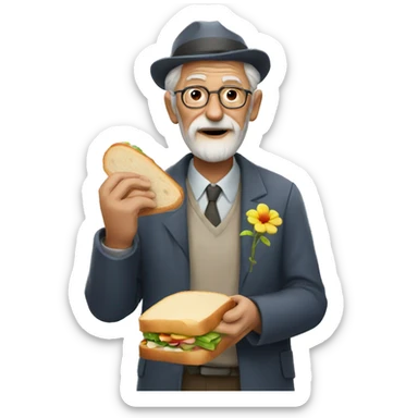 old man with a flower on his hand and a sandwich in his hand sticker