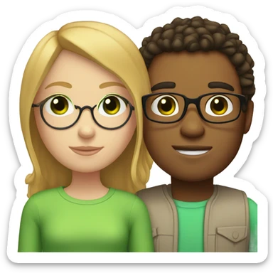 white ginger girl with straight hair and green eyes is with a mexican brunette boy with curly hair, green eyes, and glasses sticker