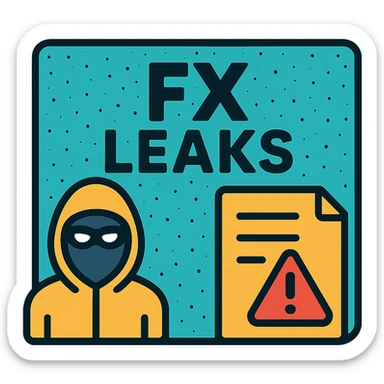 logo with turquoise textured background, left side outline of masked figure, center bold stylized text 'FX LEAKS' with 'FX' highlighted, right document with warning triangle, theme of confidential financial alerts sticker