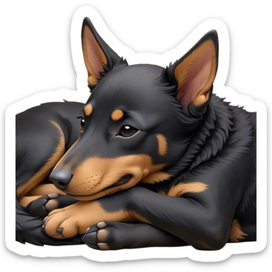 Meme-Worthy Cute Sleeping Black and Tan Kelpie Portrait Emoji, Head resting peacefully with a contented smile, showcasing a delightfully agile build and a luxuriously soft black and tan Fur, eyes shut in a serene nap, Simplified yet hilariously adorable features, highly detailed, glowing with a soft, drowsy light, high shine, relaxed and utterly lovable, stylized with an air of playful laziness, bright and heartwarming, soft glowing outline, capturing the essence of a comically sleepy herder, so meme-worthy it feels like it could instantly become the next viral sensation of adorable slumber! sticker