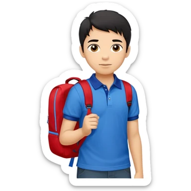 A young boy with casual and comfortable clothing, and one of his most well-known images shows him wearing a red polo shirt with blue and white details on the collar, along with a light-colored backpack on his shoulders. His hair is black. sticker
