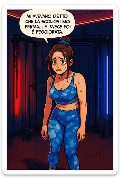 fai questa immagine in versione fumetto/manga/webtoon a colori, il manga mostra la donna disperata con un fumetto sulla testa che dice:
Mi avevano detto che la scoliosi era ferma… e invece poi è peggiorata.
 sticker